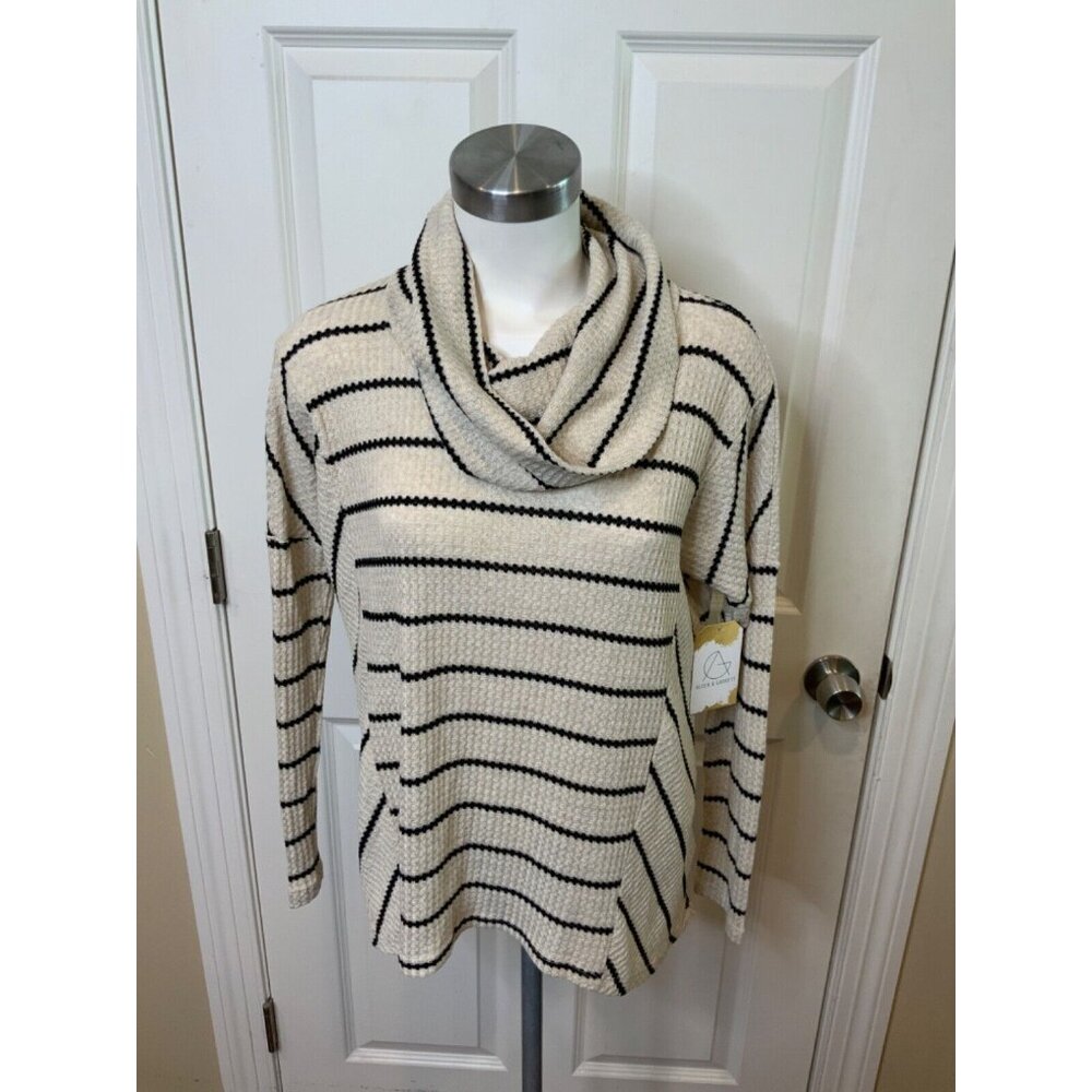 Eri + Ali Anthropologie Gray Striped Waffle Knit Cowl Neck Top NWT $78, Size S